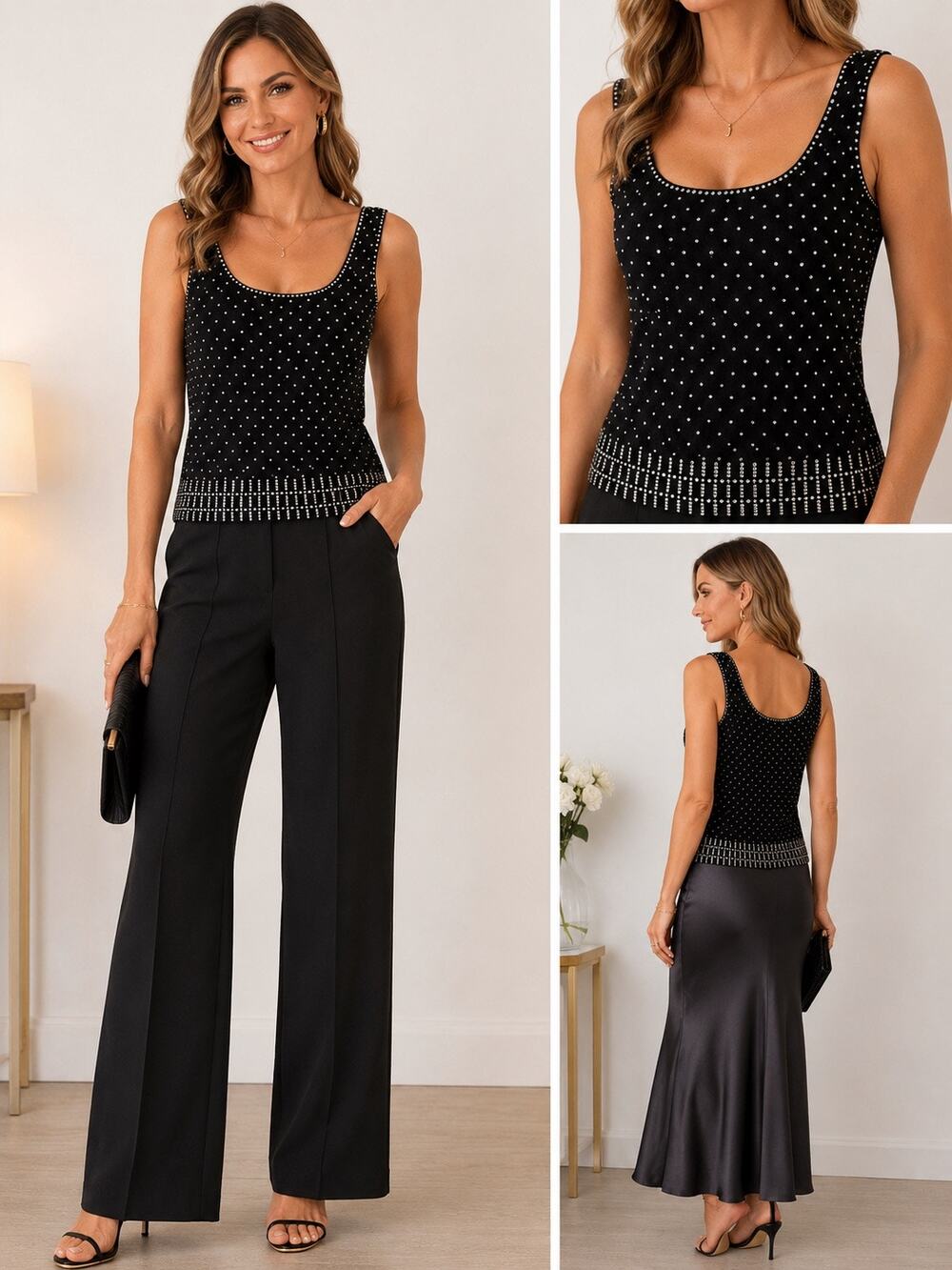 VTG Lillian Parker Hand Knit Black Rhinestone Embellished Sweater Tank Small